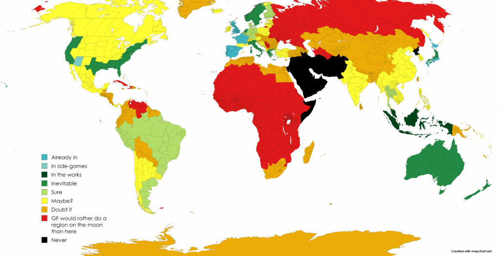 Regions of the world coloured after how likely I think it is for them to become pokémon regions (teraleak spoilers)