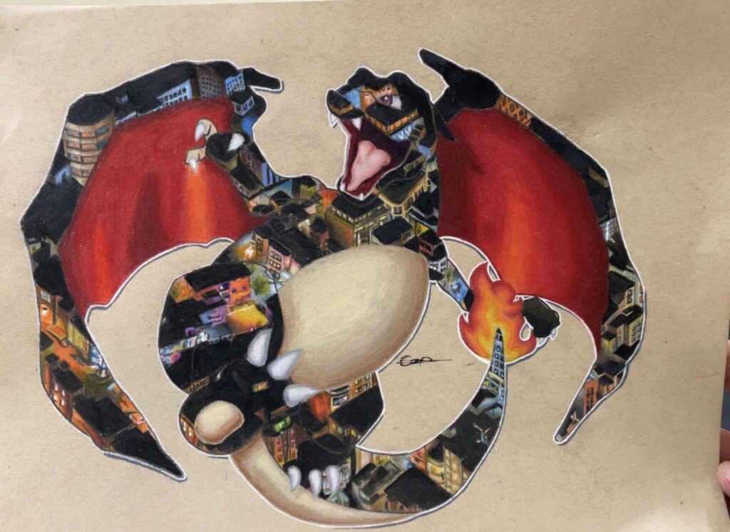 Charizard Landscape double exposure with coloured pencil