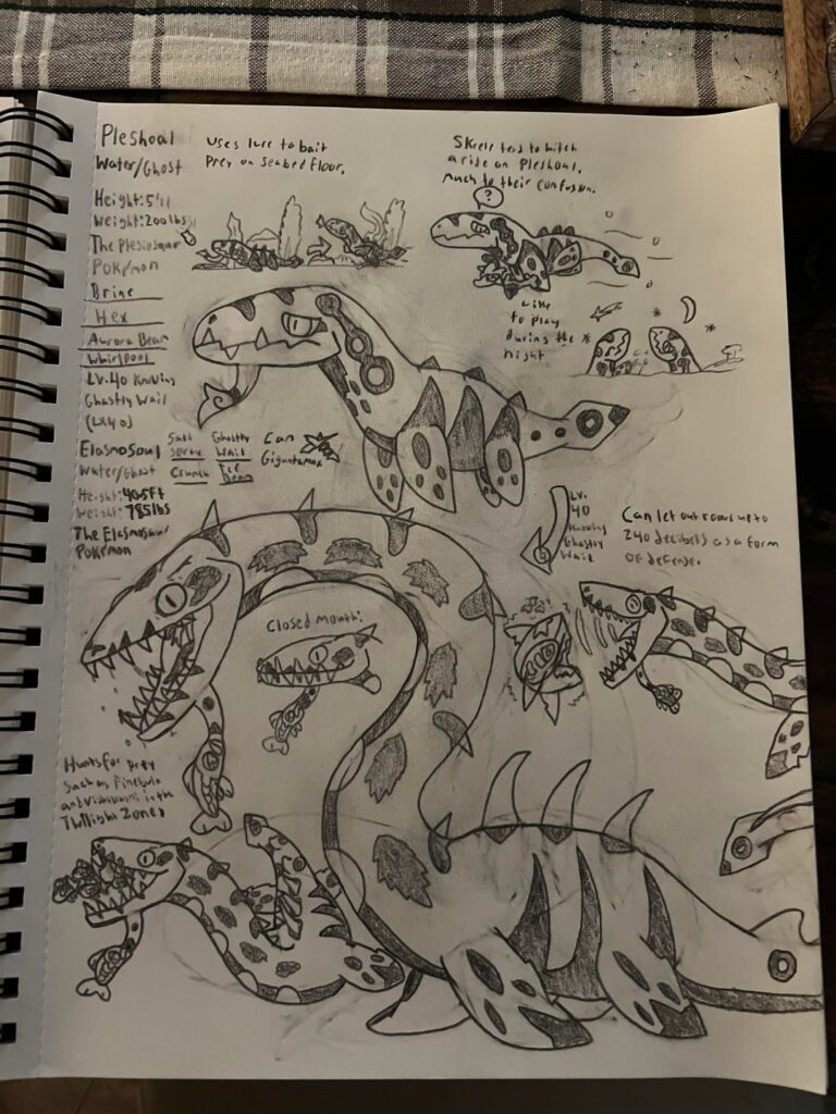 Terrors of the Deep: Pleshoal & Elasmosoul. Water/Ghost Type Pokémon based on Elasmosaurus, Aristonectes, and Bioluminescence. It’s Gigantmax is based on Whale Falls & the Bake Kujira.