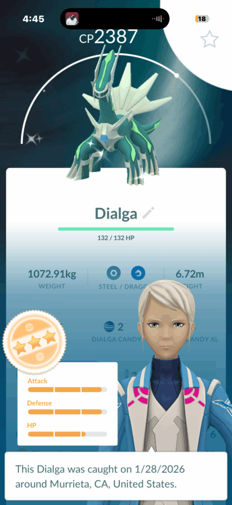 3 star shiny dialga from go pass!