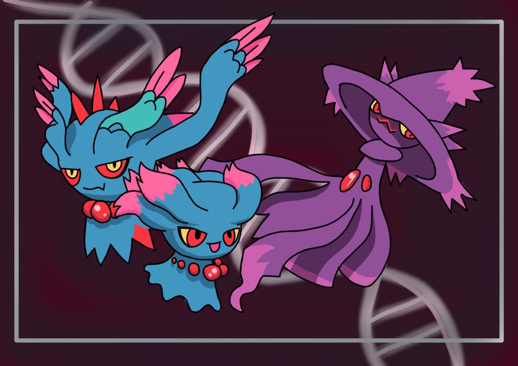 [OC] Misdreavus, Mismagius, and Flutter Mane family drawing