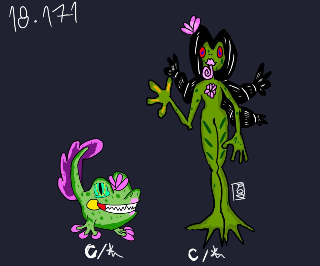 Witch frogs. They live in swampy environments. They create a kind of magic that makes them appear attractive to male Pokémon, although this is an illusion. Stories say that they also drown children. Dark and fairy.