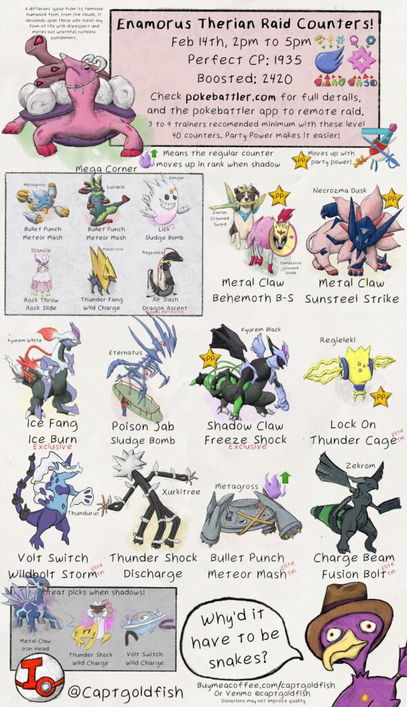 Therian Enamorus Raid Guide, Feb 14th from 2-5pm. Info from pokebattler.com