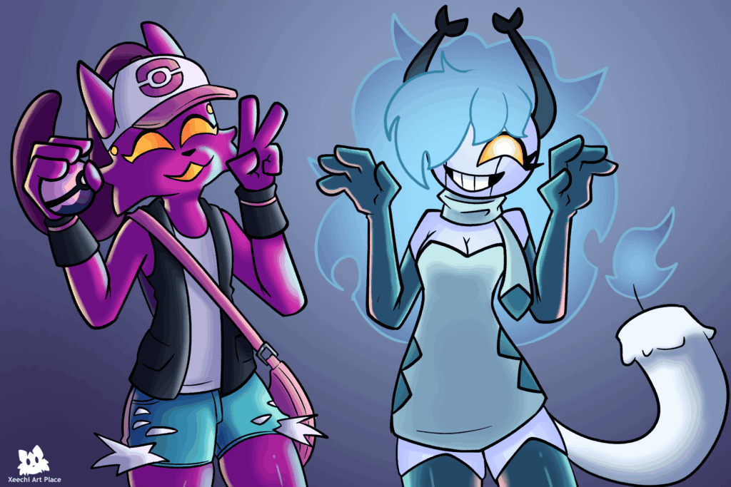 A drawing I made for some friends dressed up as Hilda and a Glaceon.