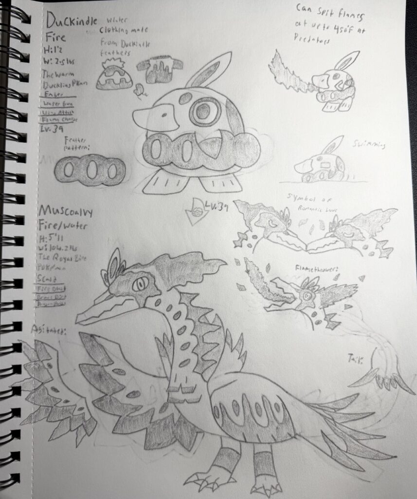 Royalty of Inferno: Duckindle & Muscoalvy. Fire/Water Type Pokémon based on Muscovy Ducks, Black Swans, Pheonixs, and the fact that the Muscovy Duck was considered by Aztecs to be the totem animal of the Wind God, Ehecatl.