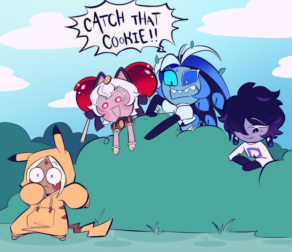 Team deceit (shadow milk, candy apple, and black sapphire) tries to catch purachu (pure vanilla cookie) (by @FrenchieFie)