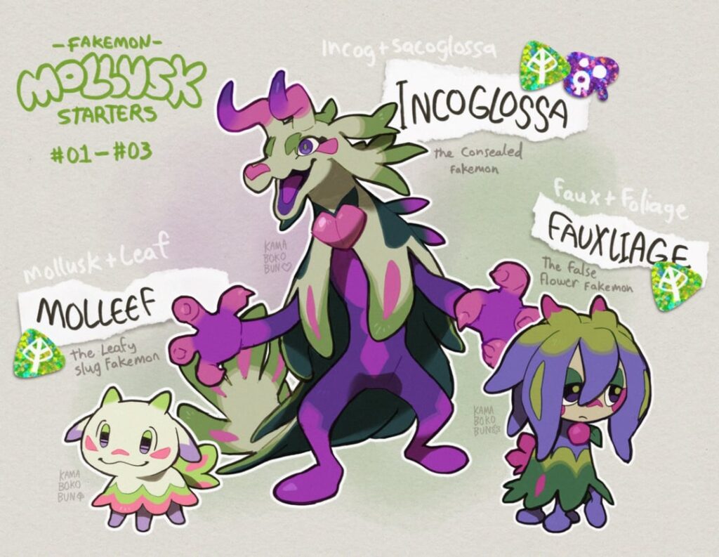 Mollusk Fakemon Starters (by @KamabokoBun)