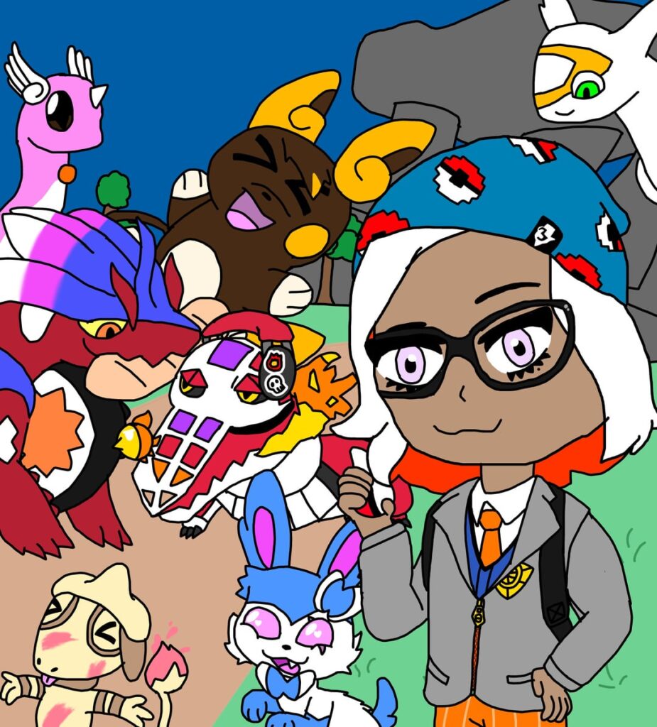 decided to try and redraw my pokemon Scarlet character, ended up drawing the whole team near casseroya lake