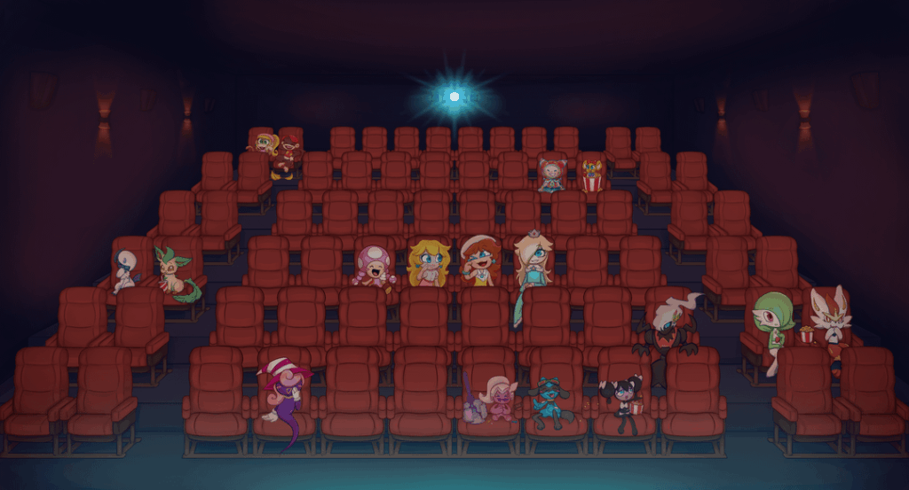 Here's a drawing from paperrr.m that they drew for me for a commodular featuring Gardevoir, Riolu, Tinkatuff, and other Pokemon, plus Mario characters in a movie theater enjoying a great comedy. This room is going to be filled out over many commissions with laughers from lots of different media.