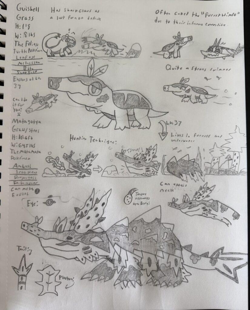 Verdant Deceivers: Guishell & Matagotya. Grass/Steel Type Pokémon based on Softshell Turtles, the Matamata, and the prehistoric turtle called Meiolania.