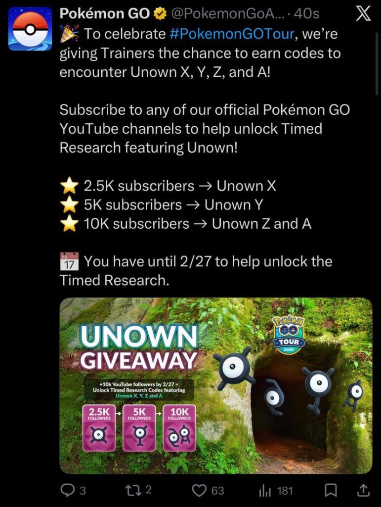 To celebrate Pokémon GO Tour, we’re giving Trainers the chance to earn codes to encounter Unown X, Y, Z, and A!