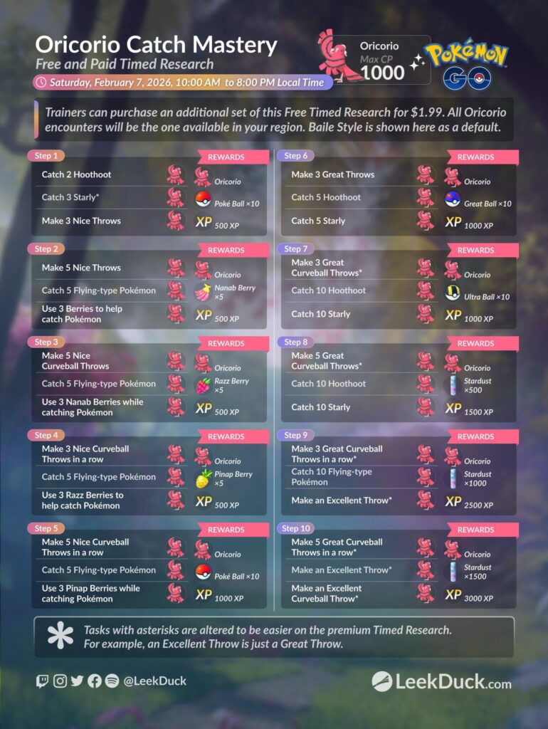 Oricorio Catch Mastery - Free & Paid Timed Research (LeekDuck)