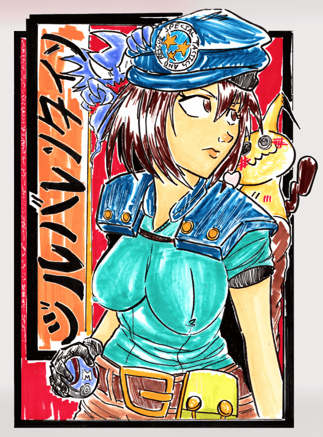 Jill Valentine and her starters (Art done by me)