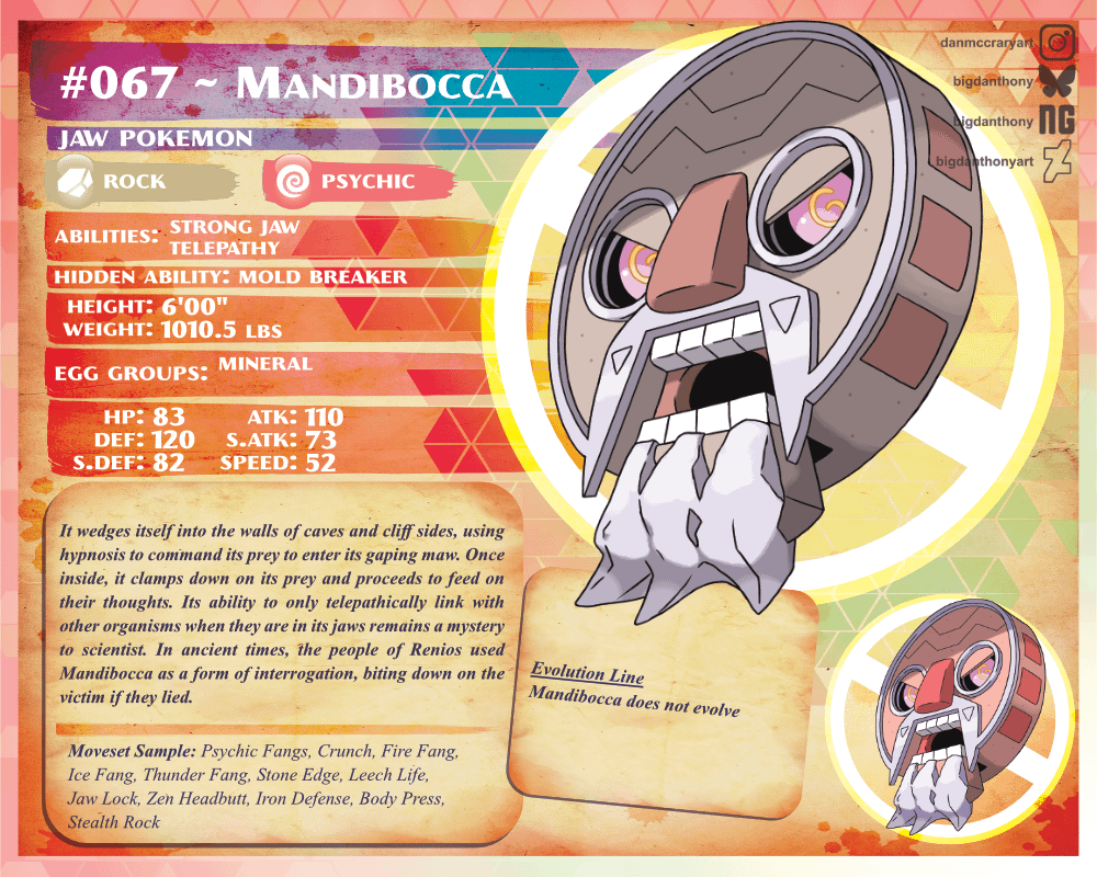 Meet Mandibocca, the Jaw Pokemon! I wanted to do a Mouth of Truth Pokemon for my Italy region, I settled with the idea of "what if the Mouth of Truth was a sessile predator that used hypnosis to draw prey into its mouth"