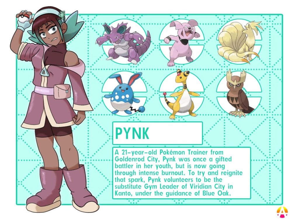 Tried my hand at making a Pokemon Trainer. Meet Penelope, aka Pynk. (Including concepts made by me and a artist I reached out for help, chiaknight_)