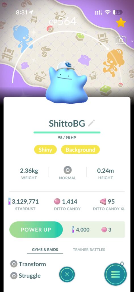 My Ditto catch rates: ~420 Ditto catches, 140 background, 5 shiny, 2 shiny background