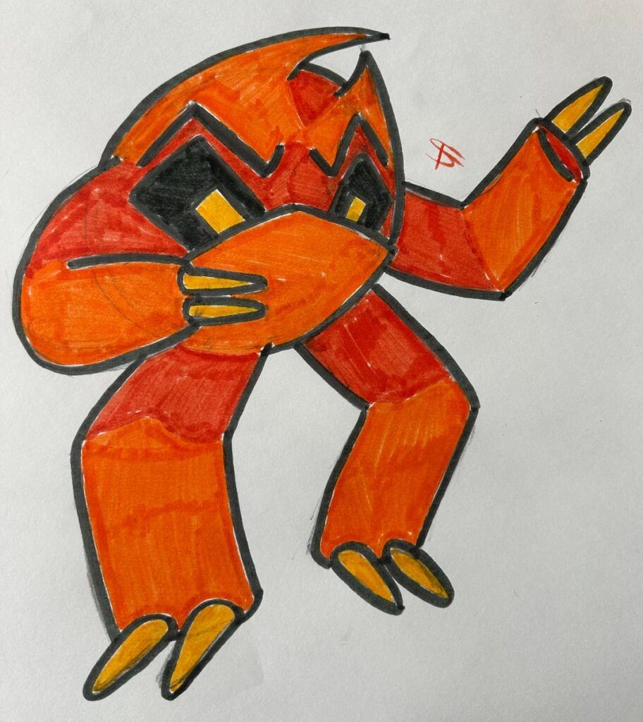 no idea of anything else besides this ones typing, which is fighting/fire. maybe a first stage in a line? (on the lineart i forgot to add my singnature so thats why it was added digitally)