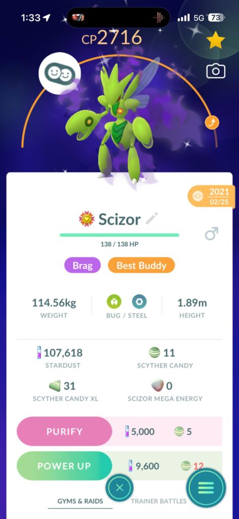 My shadow shiny (and as of 5 mins ago, Best Buddy) Scizor