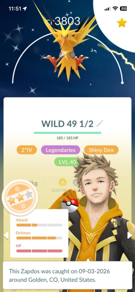 Wild Level 49 Shiny ✨ Zapdos. I thought only level 35s were spawning.