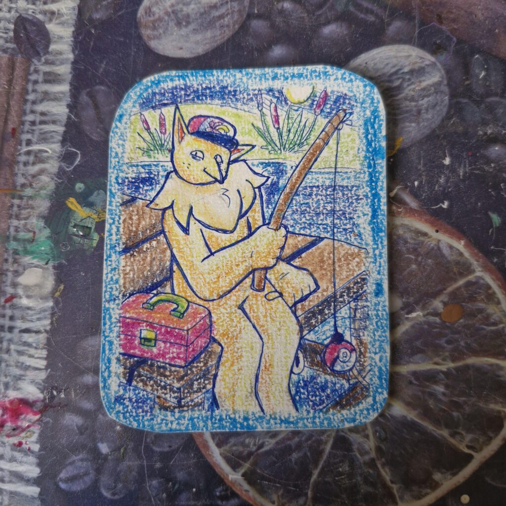 [OC] I was so bored I drew my own Pokémon card using a pen and crayons.