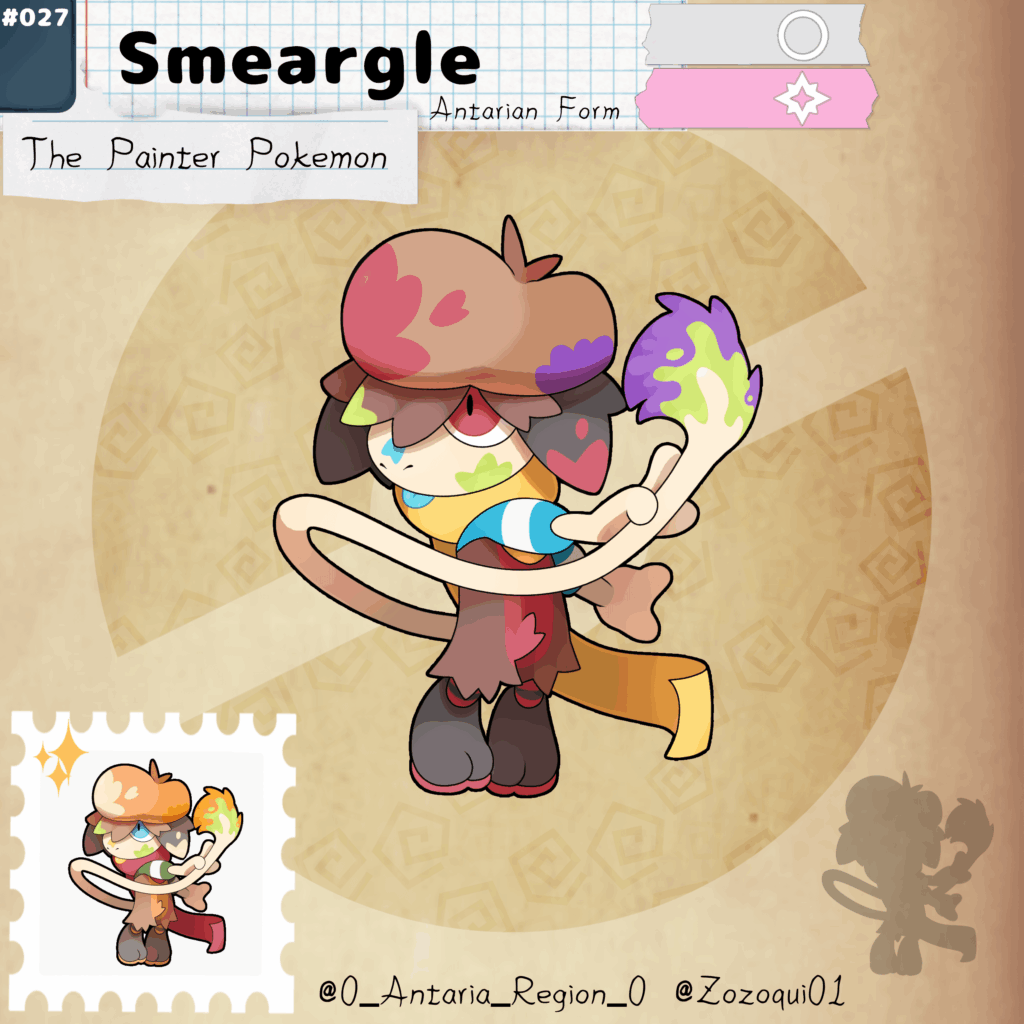 The colors of the Antaria Region with it's amazing flora and pokefauna where enough to cautivate the heart of the Smeargles that where introduce to the region with the migration of new species, creating the most passionated artist of the region, meet: Antarian Smeargle!