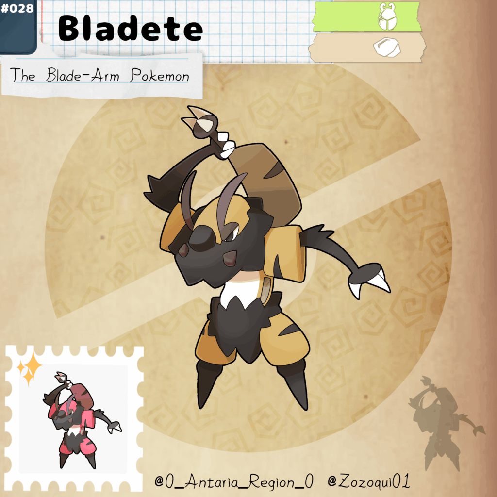Entering the caves you'll find a very curious Pokémon, one that use it's own arms as weapons, meet: Bladete! A single stage Pokémon of the Antaria region, a very peculiar one