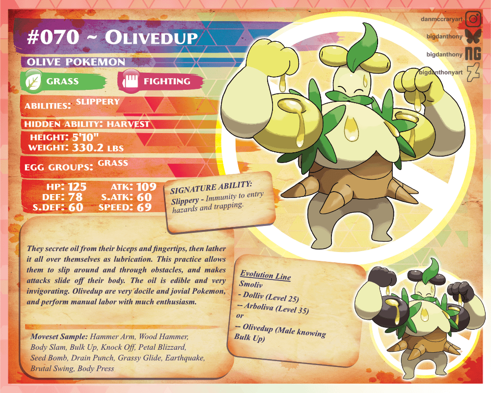 Back when Smoliv was revealed for Scarlet and Violet, I joked about how it'd be funny if they made Smoliv evolve into a buff, oiled up olive man. Years later I ended up deciding I wanted to bring that idea to life and add it to my region. Meet Olivedup