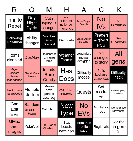 I made a Pokemon ROMhack bingo card based on some things I see most common in romhacks.