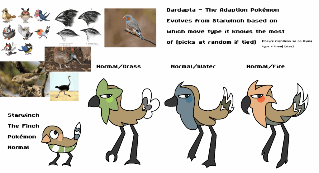 design concept for my darwin's finch starter pokemon. does have a third evo just havent drawn it yet