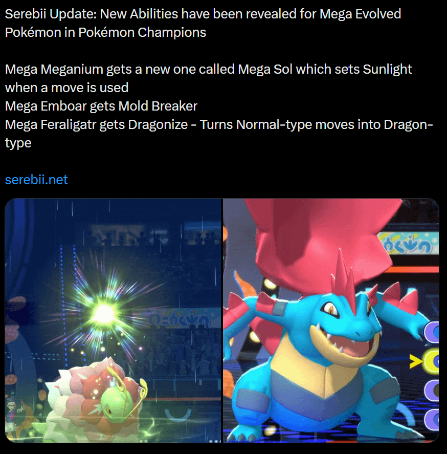 Mega Feraligatr, Meganium and Emboar Abilities Revealed