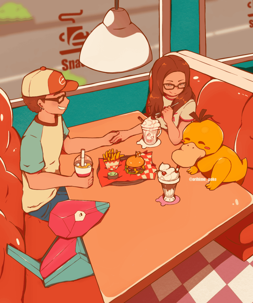 Illustration I made of a relaxing moment after some Pokémon battles 🍔