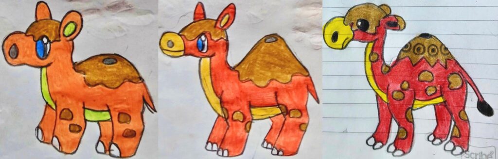 Humpix: El Pokémon ignición Tipo: Fuego/Tierra + Humel: El Pokémon loma pequeña Tipo: Fuego/Tierra + Magmello: El Pokémon Camello Tipo: Fuego/Tierra