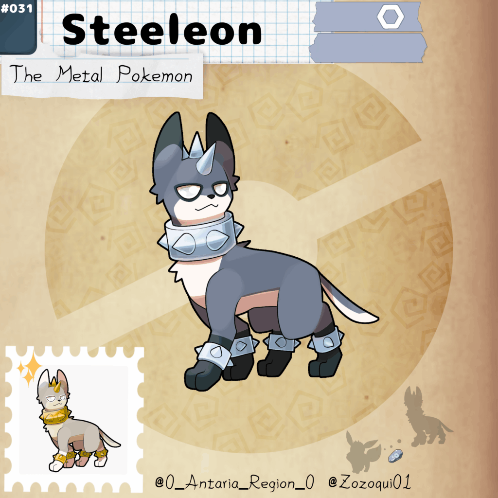 In Antaria the big mountains leaded to a new discovery, new evolution Stones! And the first idea of the scientist was, of course, testing if Eevee was capable of evolve with them, so, use the Steel Stone in your Eevee and meet: Steeleon! The steel-type eeveelution