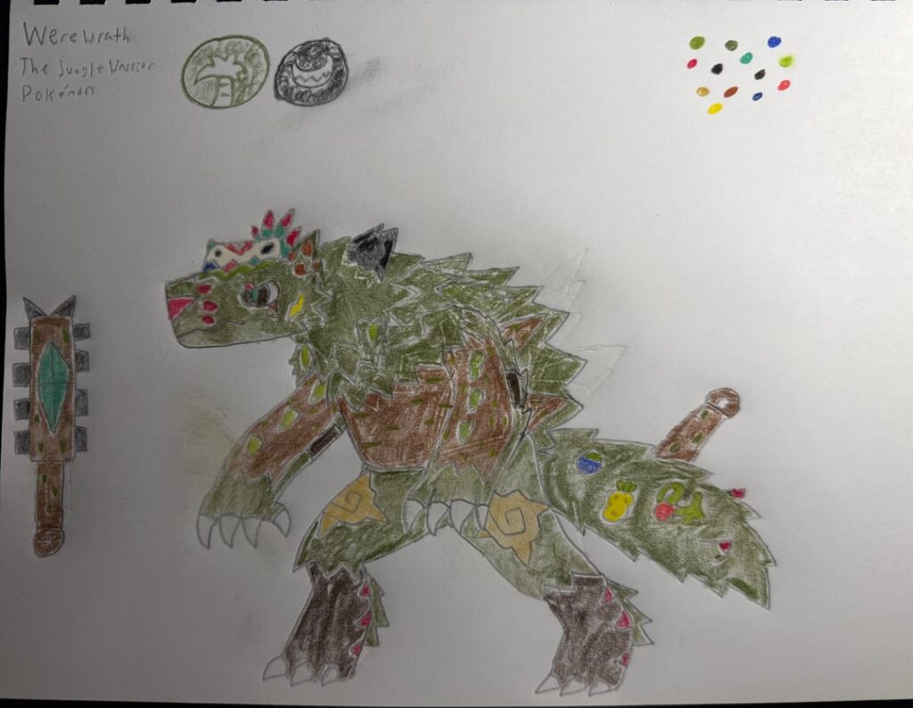 The Final Evolutions of my Starter Pokémon, now fully colored. Their names are Werewrath, Jerewt,  and Gojirex.