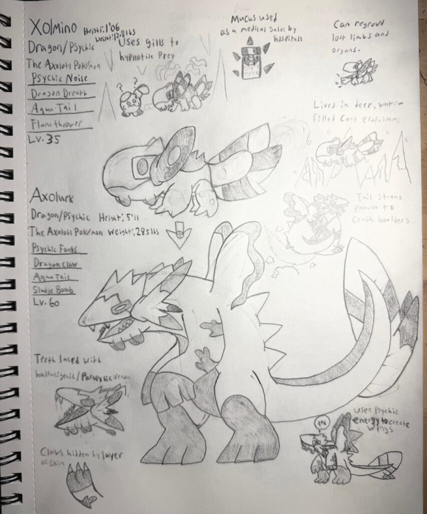 Cavernous Carnivores: Olmino, Axolurk, and Draxolotl. Based on Axolotls, and the Olm.