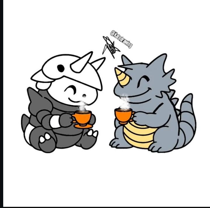 Aggron and Rhydon sharing a cup of tea