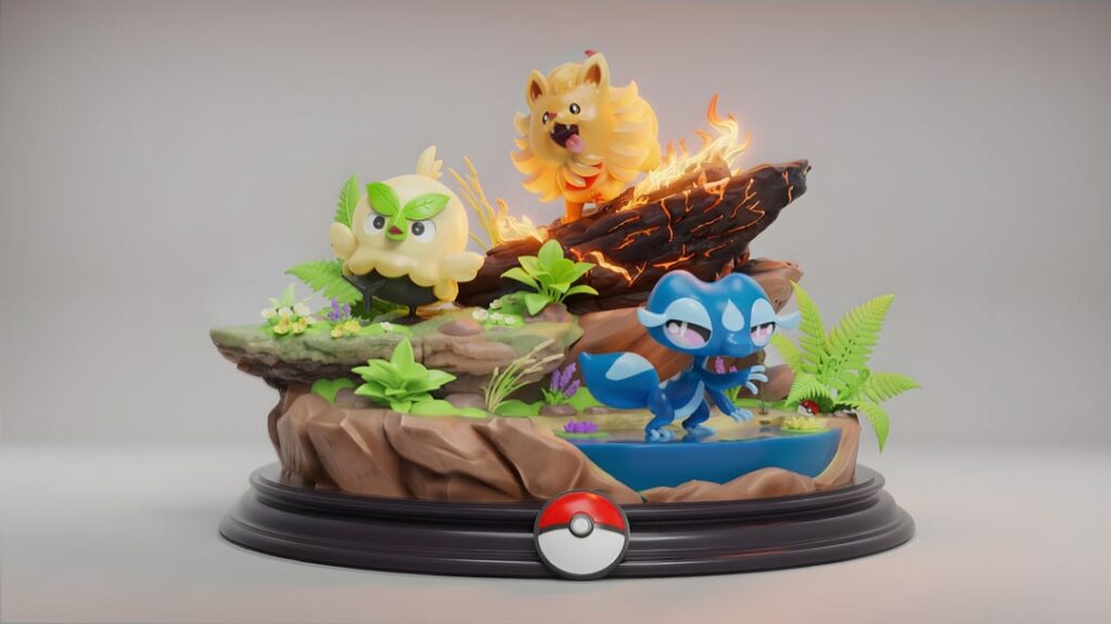 I made a 3D diorama of the new Gen 10 starters (Browt, Pombon, and Gecqua). What do you guys think?