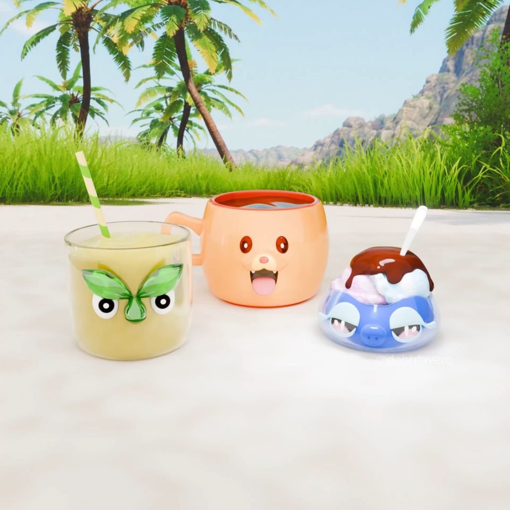 A cup, a mug, and a dessert bowl inspired by the new starter