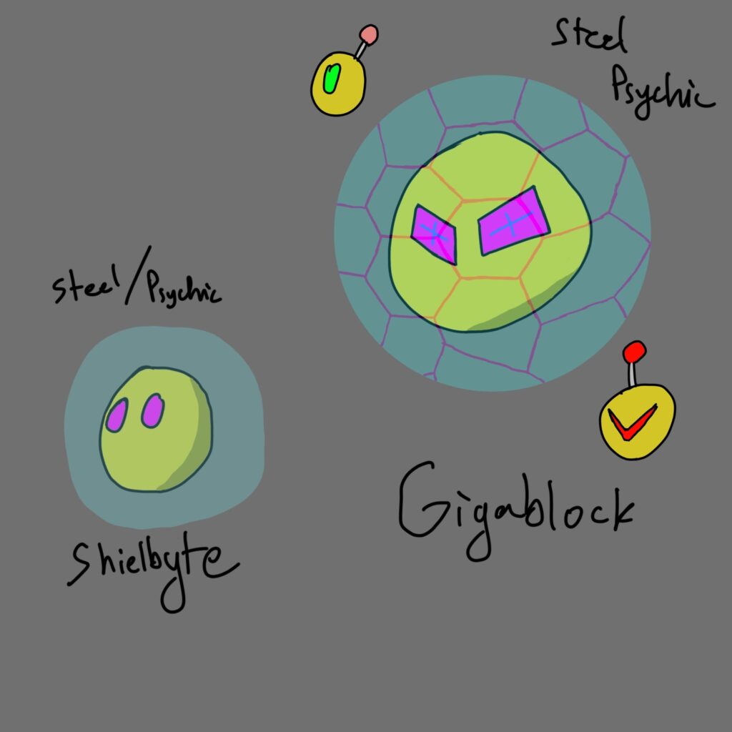 Pokemon that were made to be military devices. Meet Shielbyte, the Force Field Pokémon, and Gigablock, the Perfect Artillery Pokémon.