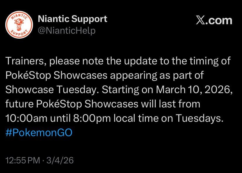 Trainers, please note the update to the timing of PokéStop Showcases appearing as part of Showcase Tuesday.