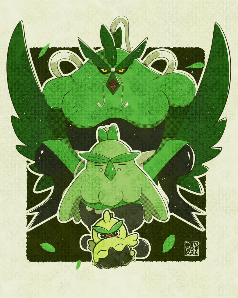 I decided to imagine and draw what the evolutions of the new Gen 10 Grass starter Pokémon, might look like! 🍃