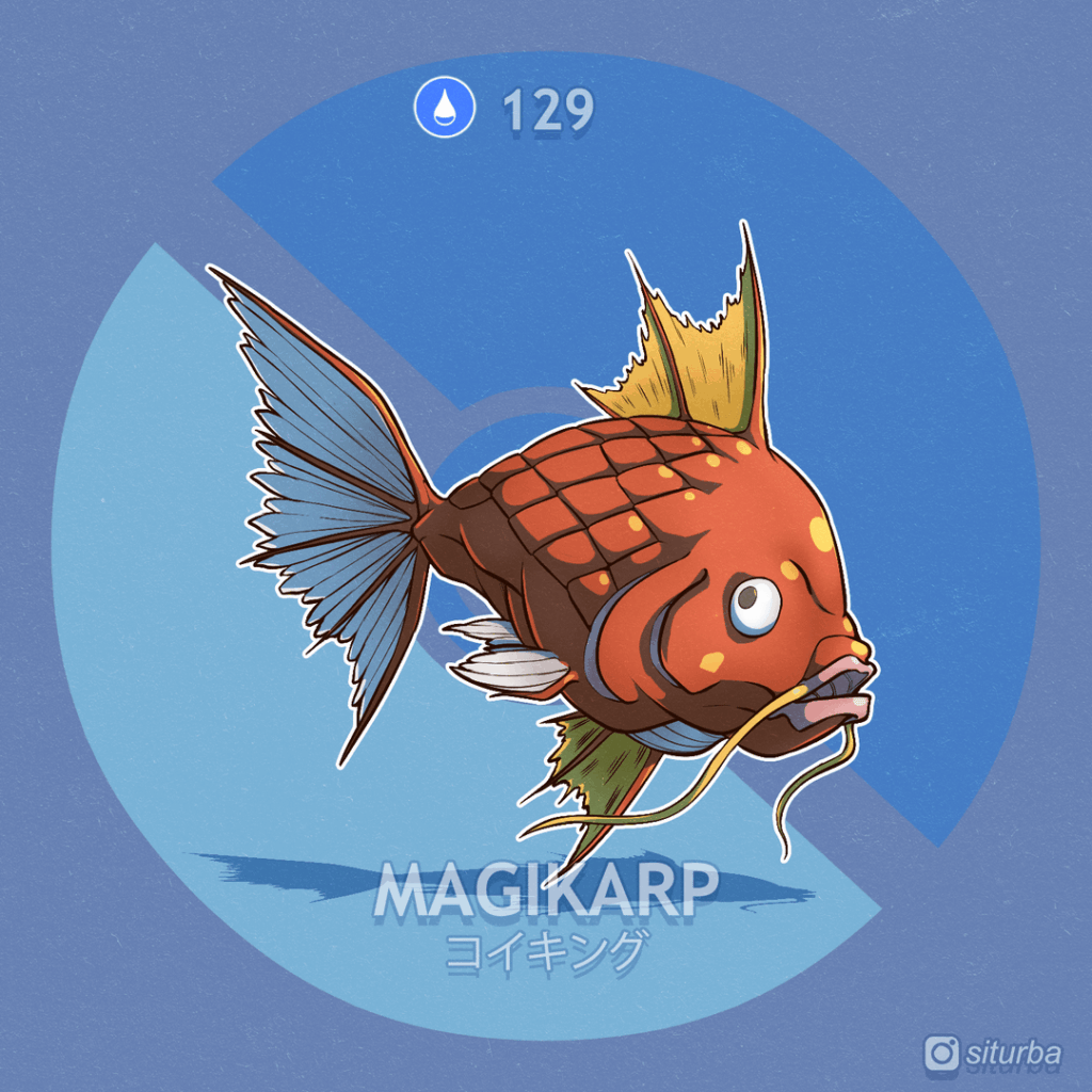 I'm redesigning a Pokemon every day in a Sci-Fantasy style. Here are Magikarp, Lapras, Ditto and Eevee Lines -first gen only-. Bonus: Blue and Giovanni