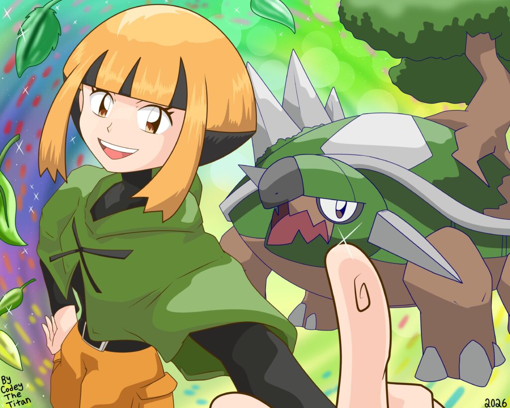 Drawing I made of the Grass Type Gym Leader Gardenia and her Pokemon Torterra. 🌱🌸