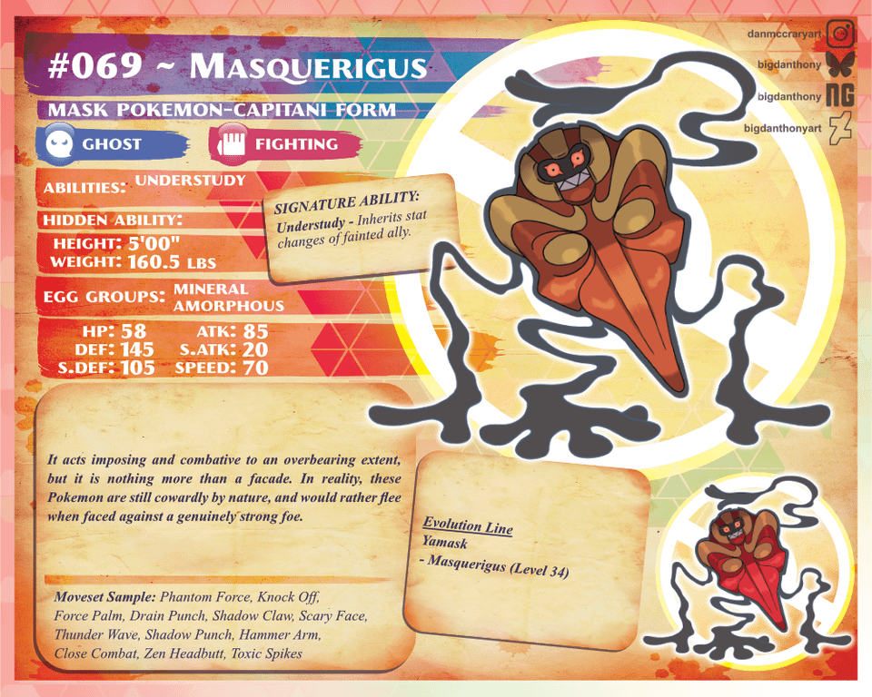 The evolutions for my regional Yamasks based on Commedia del'Arte. Intention here was to make the mask of Yamask now part of their body. King Crimson from Jojo was an inspiration.