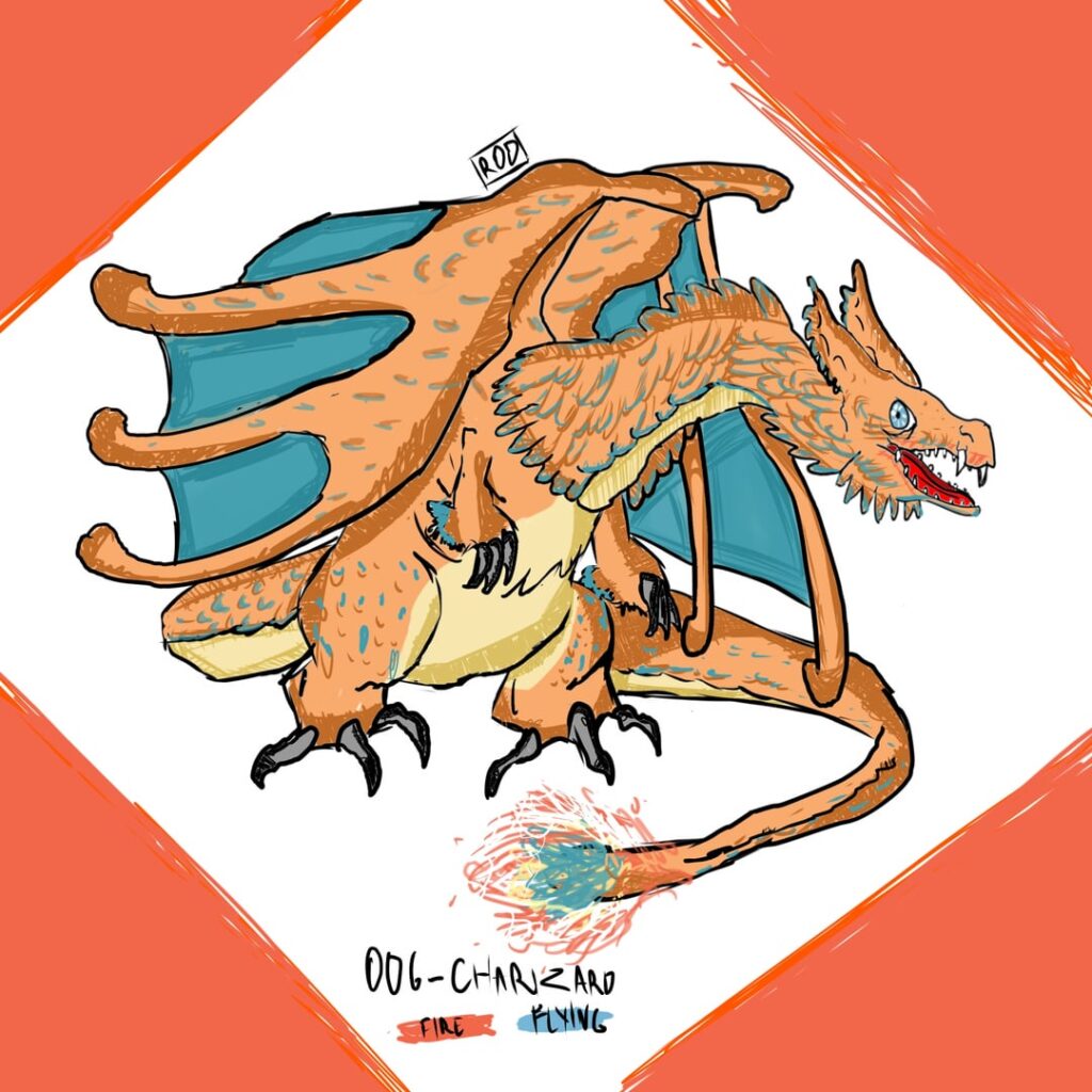 Charizard (redesign). The final form of Charmander. Its body is covered in scales that mimic feathers and a lightweight skeleton, allowing it to maneuver through the air. It hunts by breathing fire on its prey and landing on it.