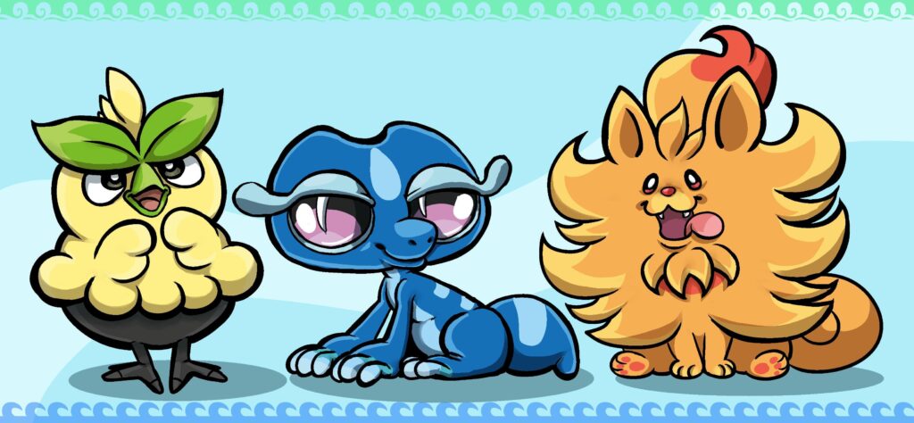 New Pokemon starters, drew this for fun. Drew this a week ago but didn't post on reddit yet.