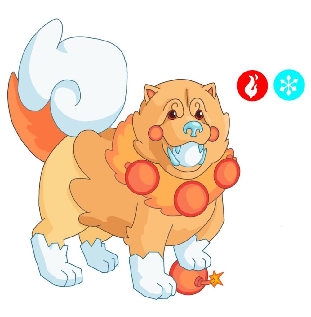 My (unrealistic) take on pombon's final evo! Fire/Ice type, inspired by chow chows, kintamani dogs, barong, and cartoon bombs!