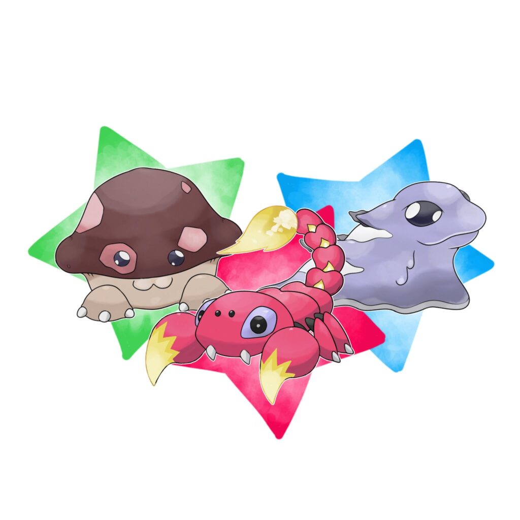 [OC] Toxroom 🌿 Scorchion 🔥 Slubble 💧 Inspired by "Delicious in Dungeon" monsters. Commission