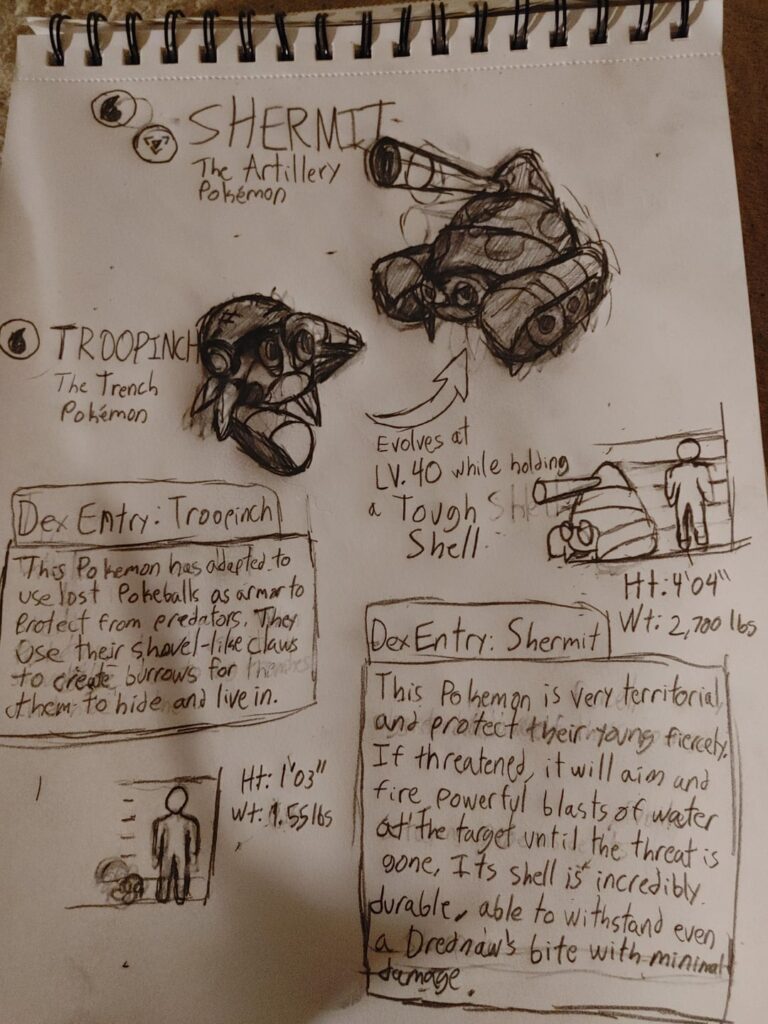 Decided to finally draw this old fakemon I had! Meet Troopinch and Shermit!