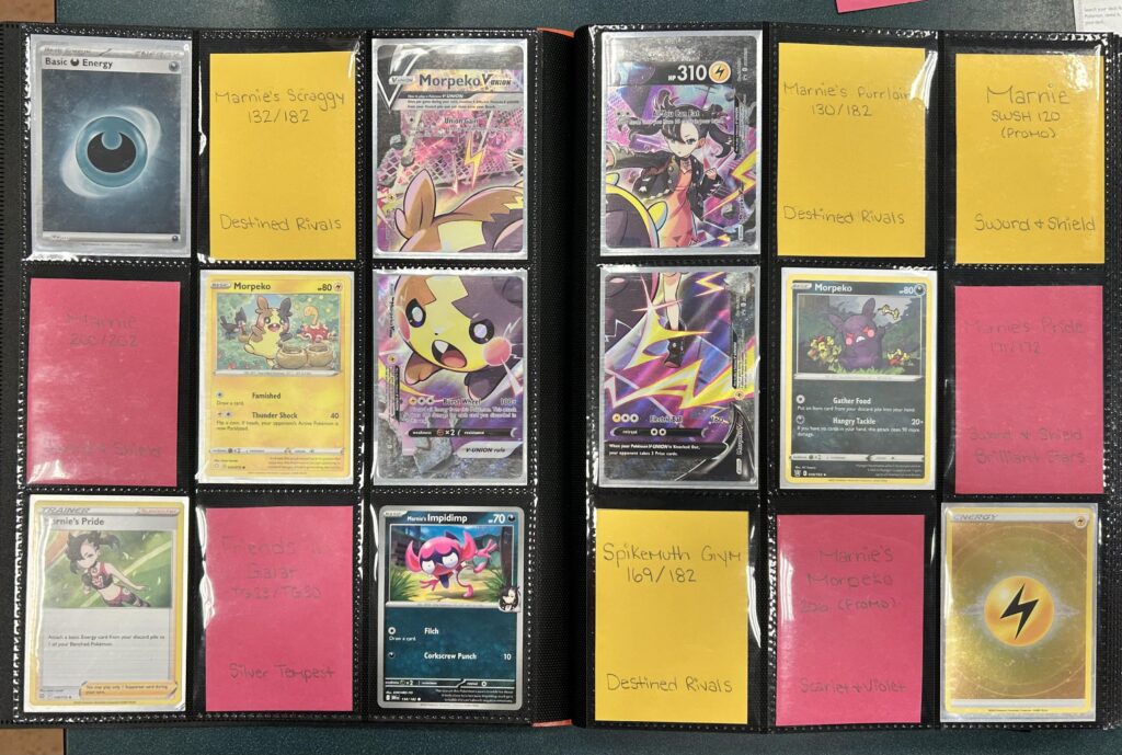 Working on figuring out what cards I want and where I want them. Just finished setting up Marnie’s pages so I can start hunting for her cards.